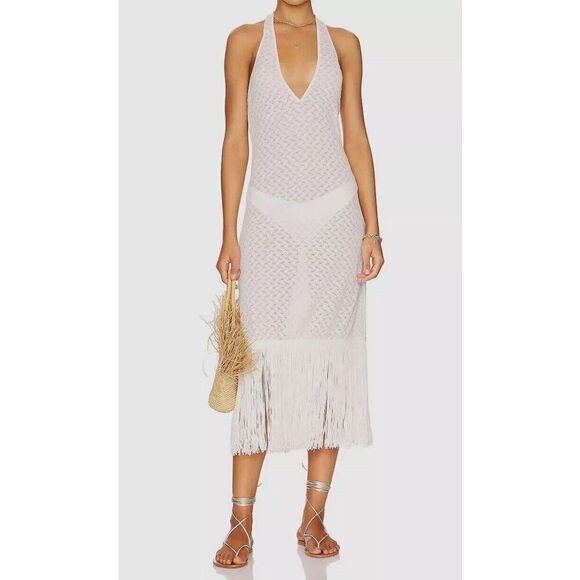 Waimari D267LCW Women's Sz Medium White Levisa Fringe Hem Halter Midi Dress - Picture 13 of 15